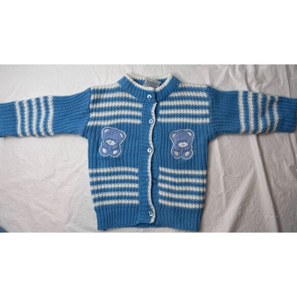 Mac Henry Sweater Outfit Boy Set Blue Stripes Teddy Bears Cardigan Top 12M Vtg - Picture 6 of 10